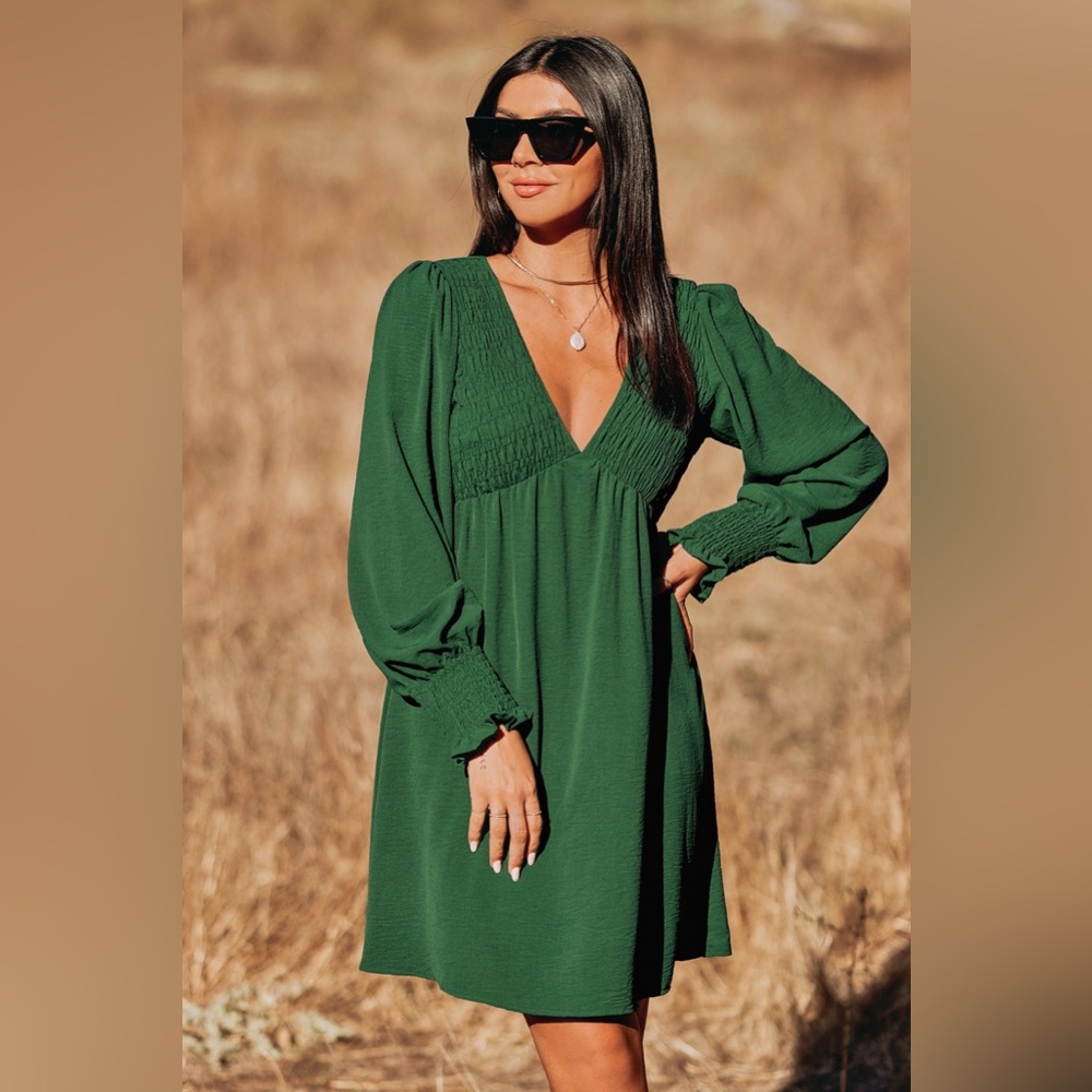 Macy cooler Neck Smocked Long Sleeve Dress - Green XL